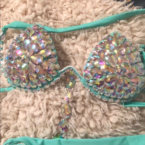 NWOT Carnival encrusted bejeweled teal bikini set - Picture 2 of 3